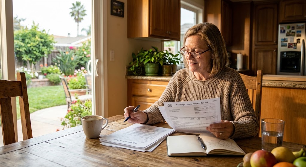 A San Diego homeowner reviewing paperwork at a kitchen table