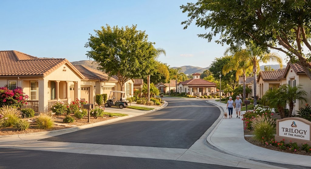 A single level home or 55+ community streetscape in a warm, welcoming setting Rancho Bernardo style