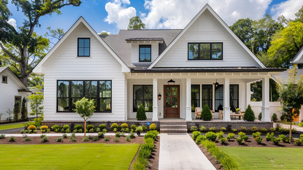Classic Modern Farmhouse with White Horizontal Siding Front Porch Columns and Black Windows.jpg.