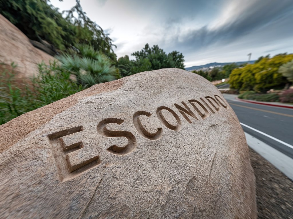 Escondido Carved Stone City Welcome Monument with Roadway and Shallow Depth of Field.jpg