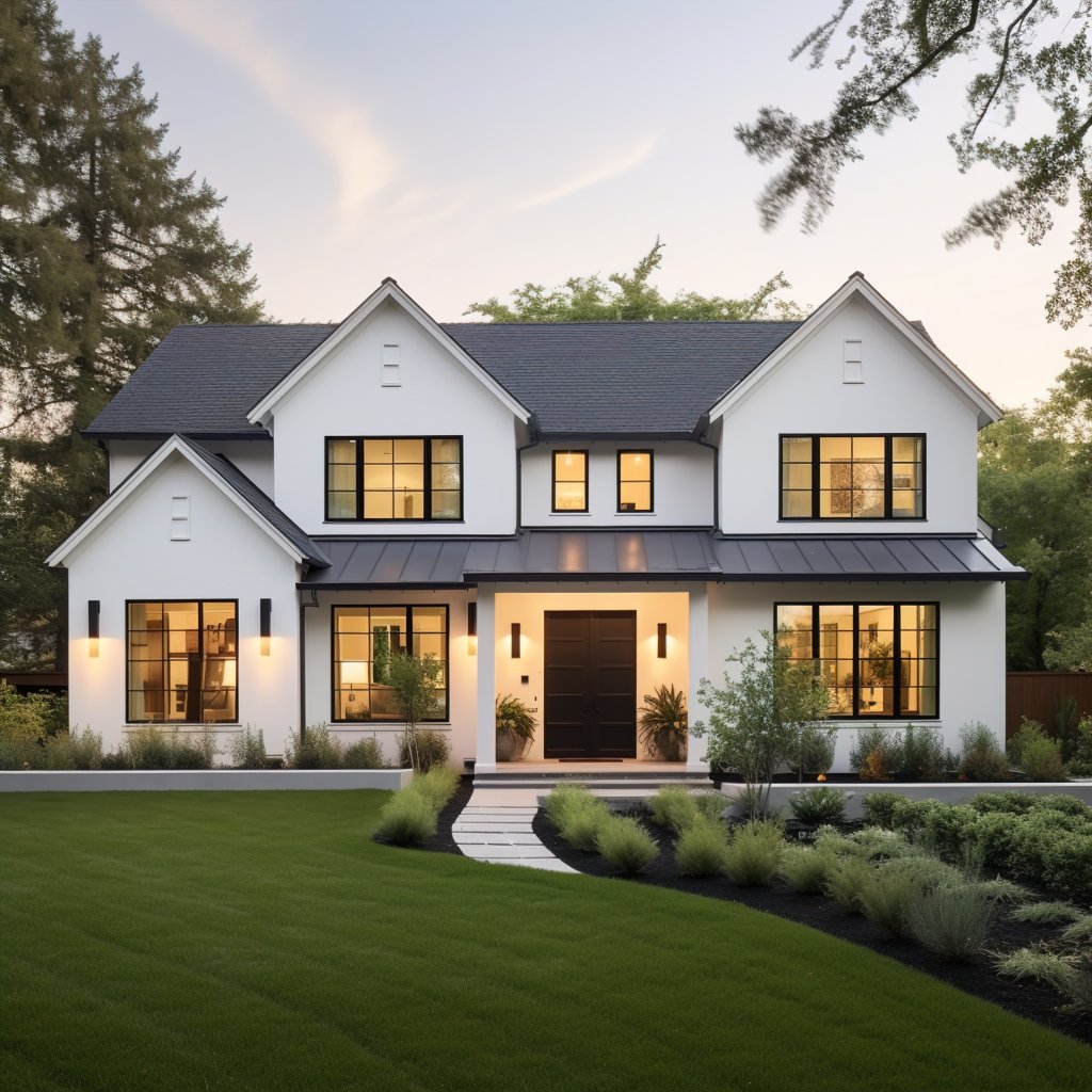 Luxury Modern Farmhouse at Dusk with High Contrast Siding Black Grid Windows and Illuminated Entry.jpg