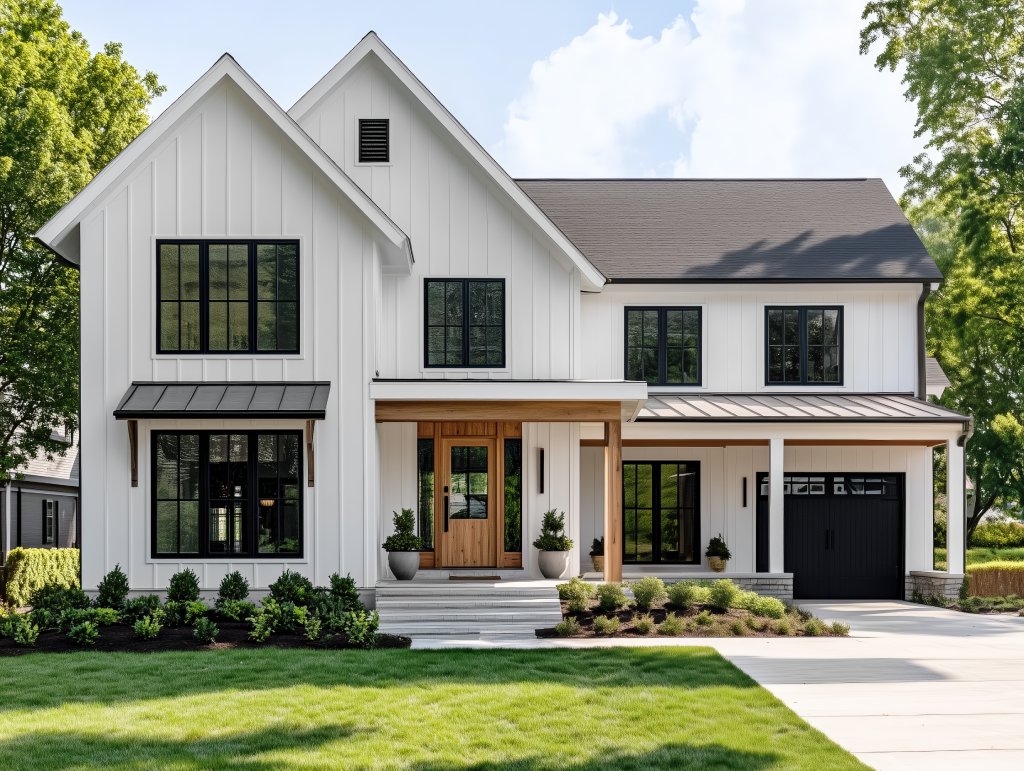 Luxury Modern Farmhouse with Vertical Board and Batten Siding Cedar Entry and Metal Pent Roofs.jpg