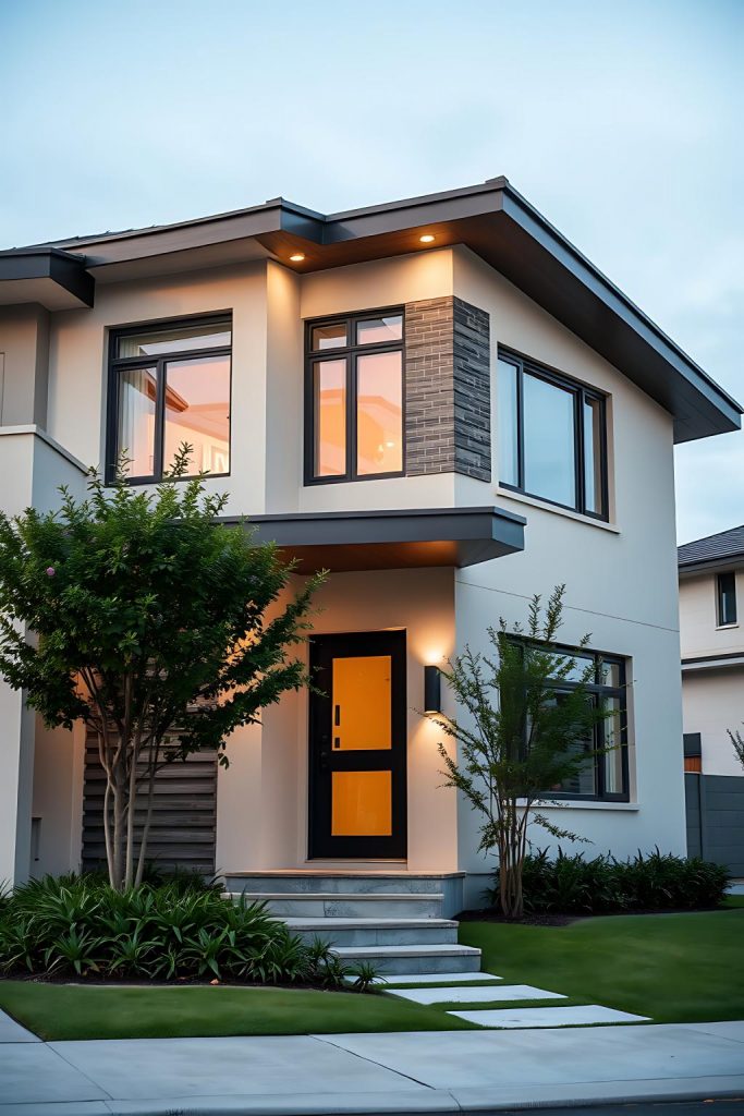 Luxury Modern Two Story Home with Flat Roof Overhang Stacked Stone Accent and Illuminated Entryway.jpg