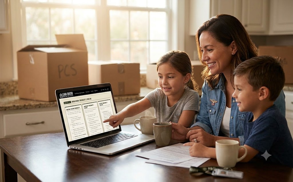 Military family reviewing PCS home buying timeline together