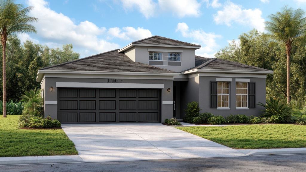 Modern Mediterranean Single Story Home with Grey Stucco Black Shutters and Concrete Driveway.jpg