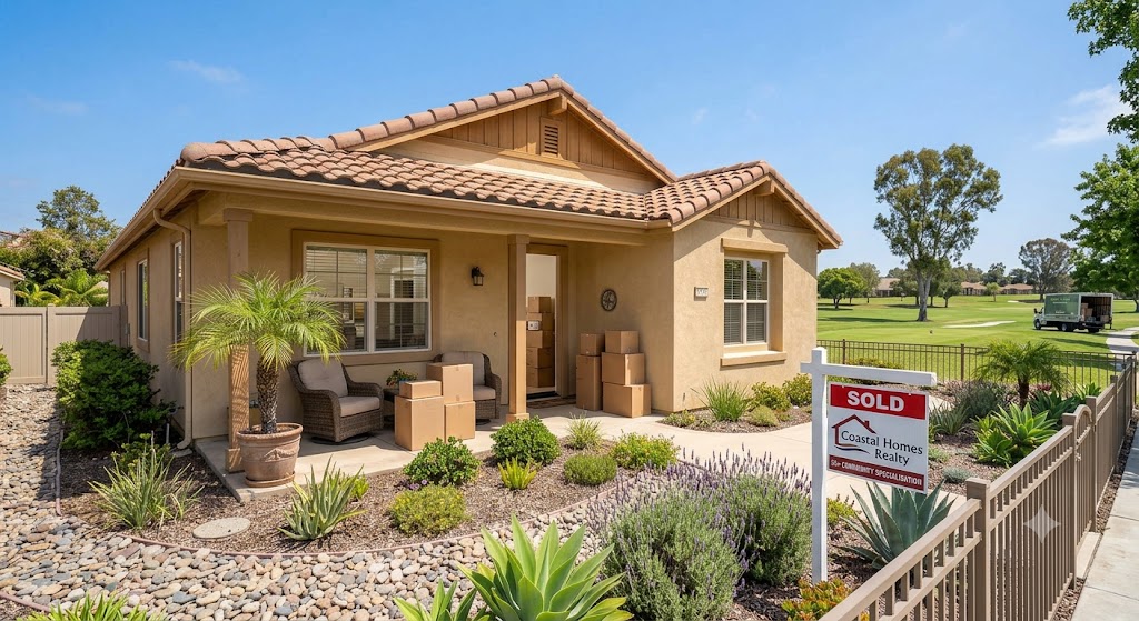 Moving boxes in San Diego home living room with sold sign