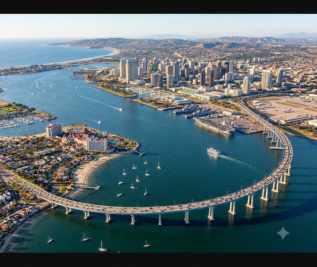 San Diego Bay and Coronado Bridge aerial view