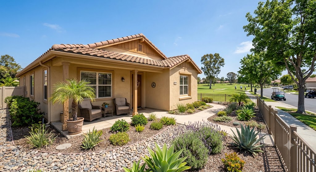 Single story San Diego 55+ community home exterior