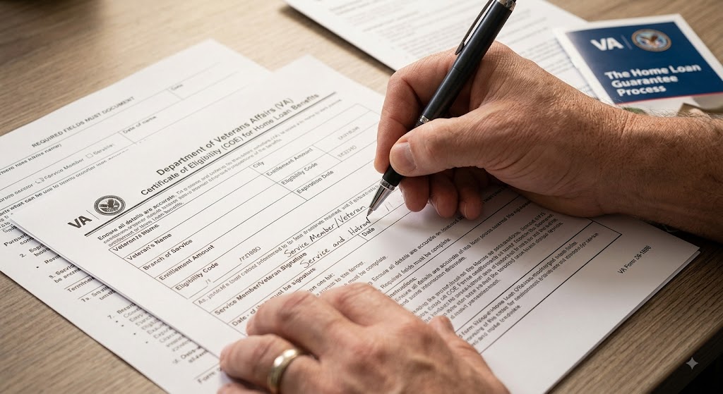 Veteran reviewing VA home loan paperwork with disability rating documents