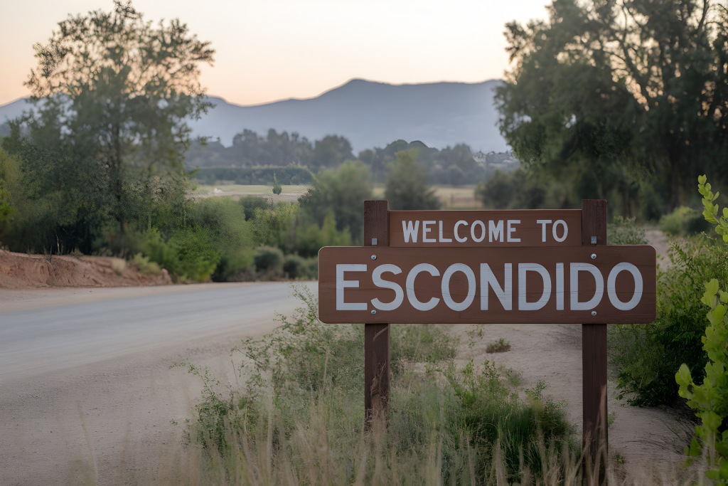 Welcome to Escondido Wooden City Sign with Rural Roadway and Mountain Background.jpg
